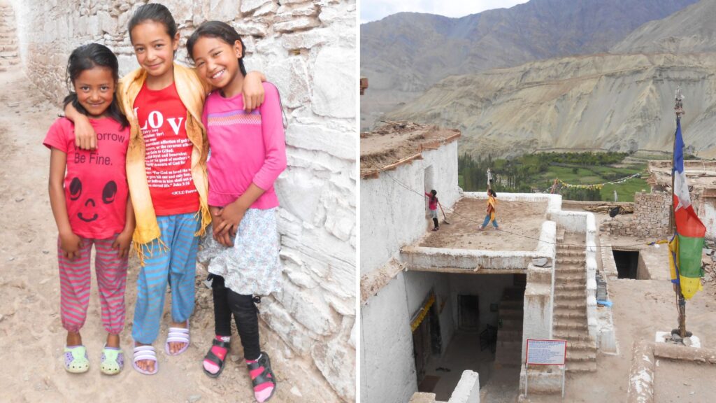 ラダックの路地で笑顔を見せる地元の女の子たちと、ゴンパの屋上から眺める緑の谷とタルチョ