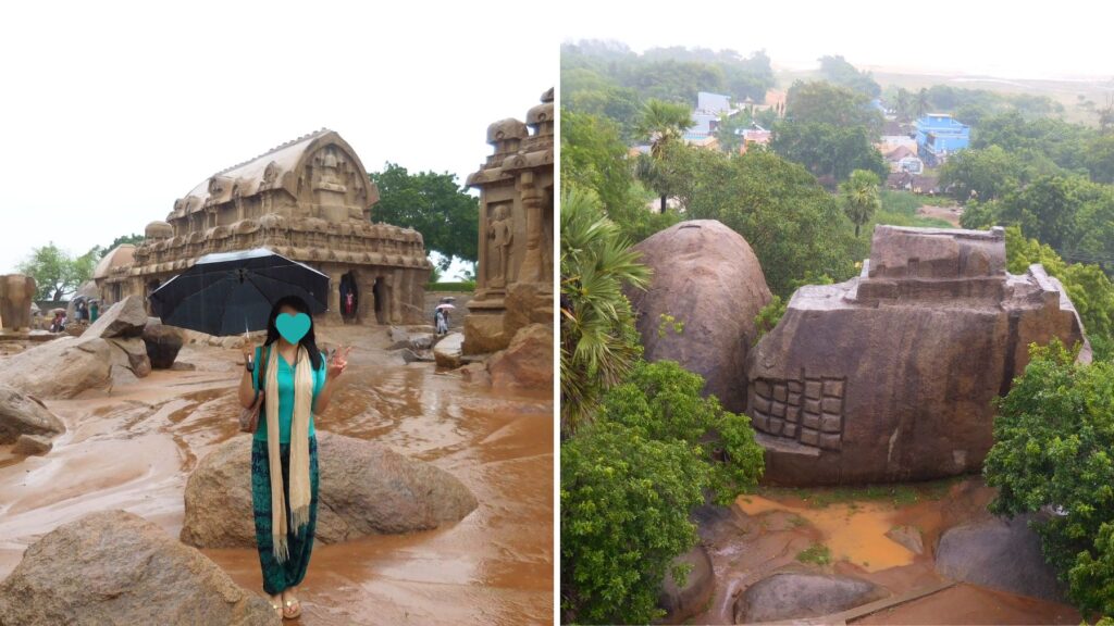 マハーバリプラムのパッラヴァ朝時代の岩窟寺院群「五つのラタ」と一枚岩の彫刻