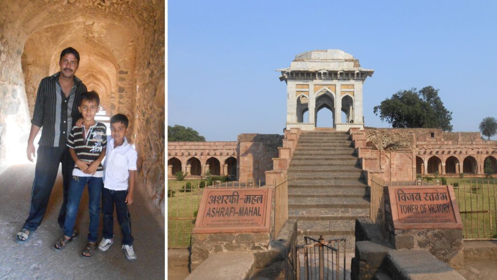 マンドゥのアシュラフィー・マハルの石造りの回廊で出会った地元家族と勝利の塔