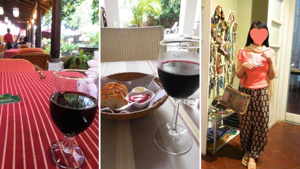 ポンディシェリーのフランス風レストランでのワインとブティックでのショッピング