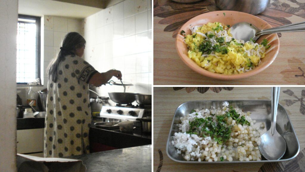 プネーのホームステイで食べた朝ごはん。ポハ(ライスフレーク炒め)とサブダナ・キチュディ(タピオカ炒め)