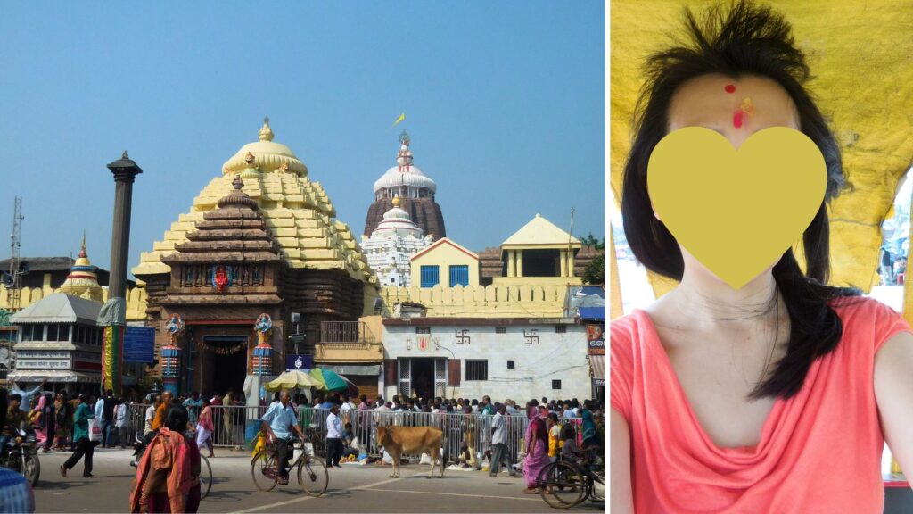 プリーのジャガンナート寺院と参拝後におでこにティラクを描いてもらった様子