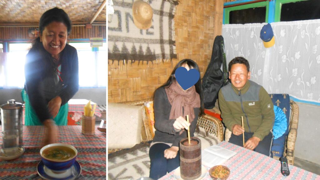 笑顔で料理を運んでくれる地元の女性と、竹の器に入ったシッキムの伝統的な発酵酒トンバを楽しむ様子