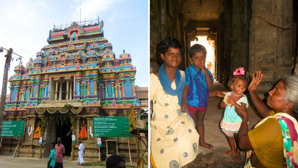 スリランガムのカラフルなゴープラムと寺院内の地元の家族