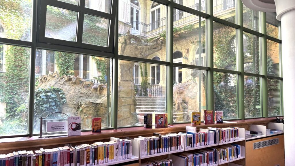 サボー・エルヴィン図書館、図書エリアの窓から見た中庭