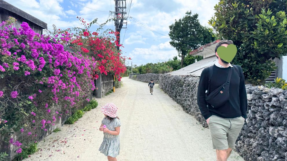 竹富島の集落の白砂の道を歩く家族。珊瑚の石垣とブーゲンビレアが続く