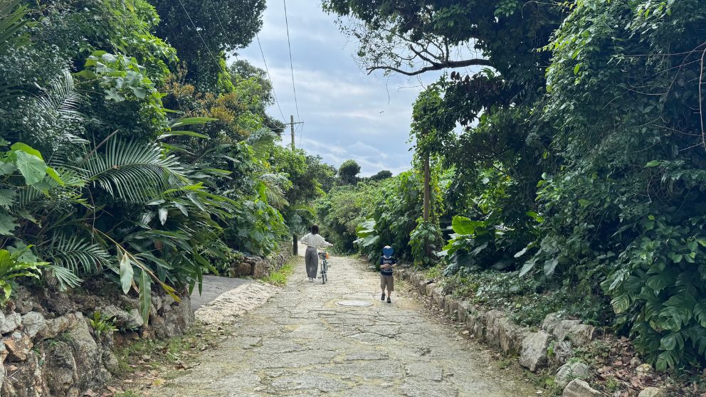 竹富島の集落の石畳を自転車と歩いて進む女性と、反対方向へすすむ息子