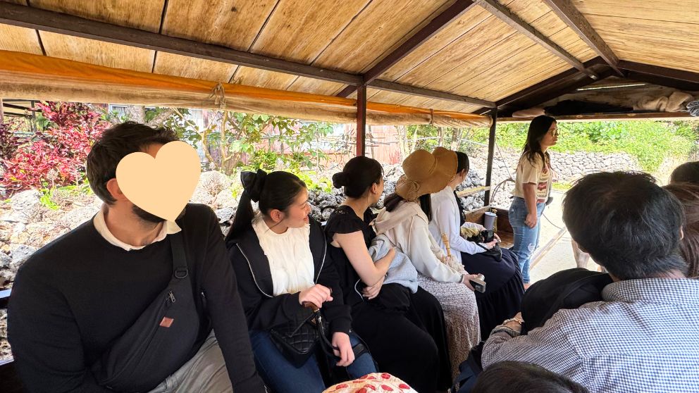 竹富島の水牛車の座席の様子。乗客が横向きに座り、集落の風景を眺めている