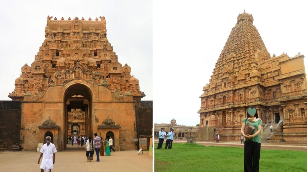 タンジャーヴールの世界遺産ブリハディーシュヴァラ寺院のゴープラムとヴィマーナ