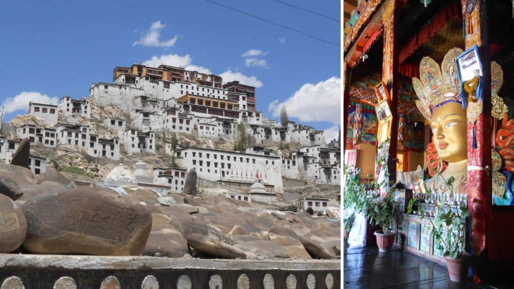 マニ石が積み重なる先にそびえるティクセ・ゴンパと、お堂に安置された鮮やかな弥勒菩薩像