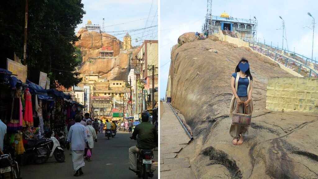 ティルチラパッリのロック・フォートを望む市場の通りと巨岩を登る様子