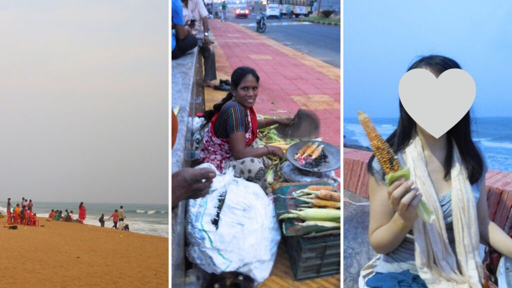 ヴィシャーカパトナムのビーチでとうもろこしを売る露店とお祭りのような夕暮れの雰囲気