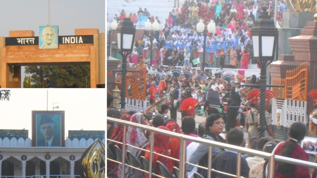 ワガー国境セレモニーのパキスタン側(建国の指導者の肖像と男女別の観客席)