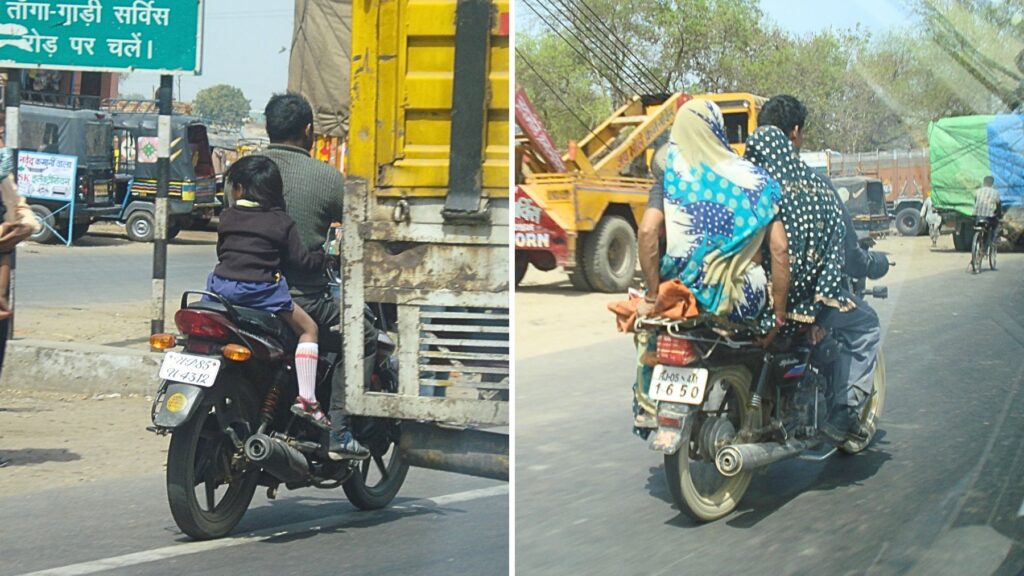 アーグラからデリーへの道中、バイクに2人・3人乗りするインドの人たち