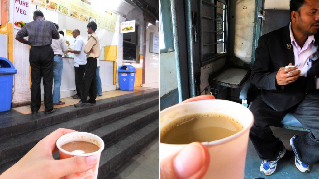 駅のホームや列車内でいただくチャイ。紙コップにはいっている