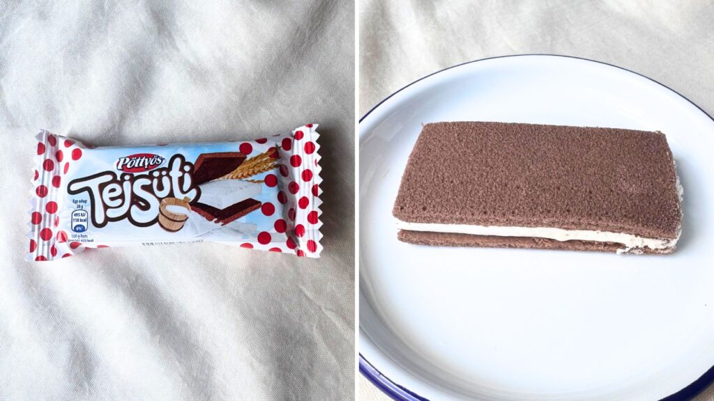 PöttyösブランドのTejsütiのパッケージ(左)とプレートに出した断面(右)