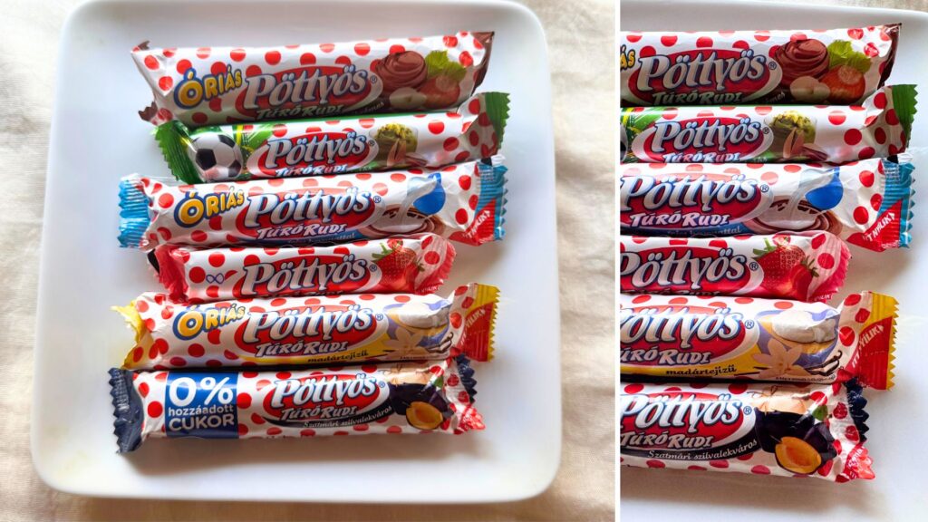 Pöttyös Túró Rudiのフレーバー違いの袋をプレートの上と横並びに並べた写真