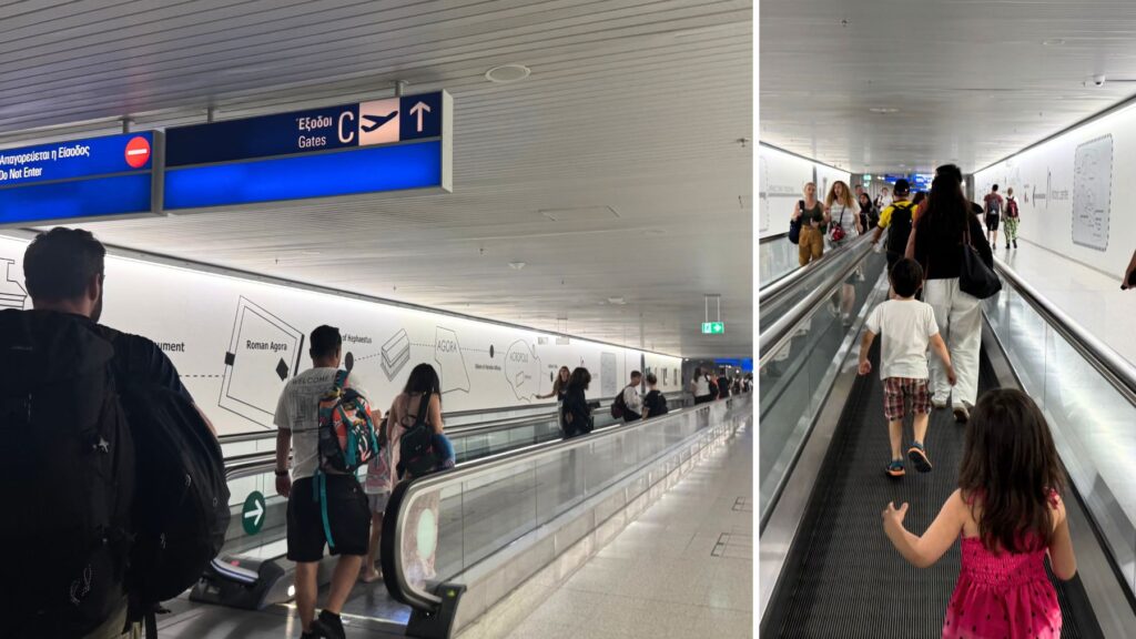 アテネ空港のCゲートへ続く長い動く歩道と案内表示