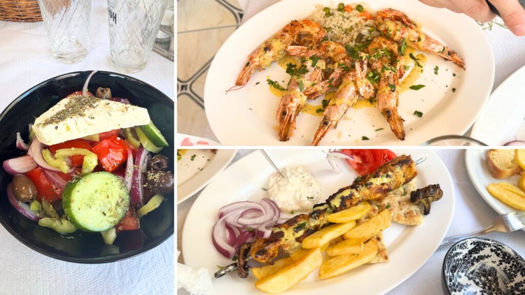 ギリシャサラダ・エビのグリル・串焼きなどのギリシャ料理