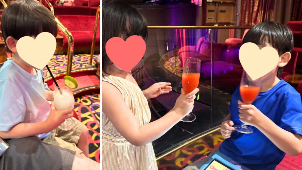 ショーラウンジの赤い客席で、モクテル(ノンアルコールドリンク)を手に持つ子どもたち