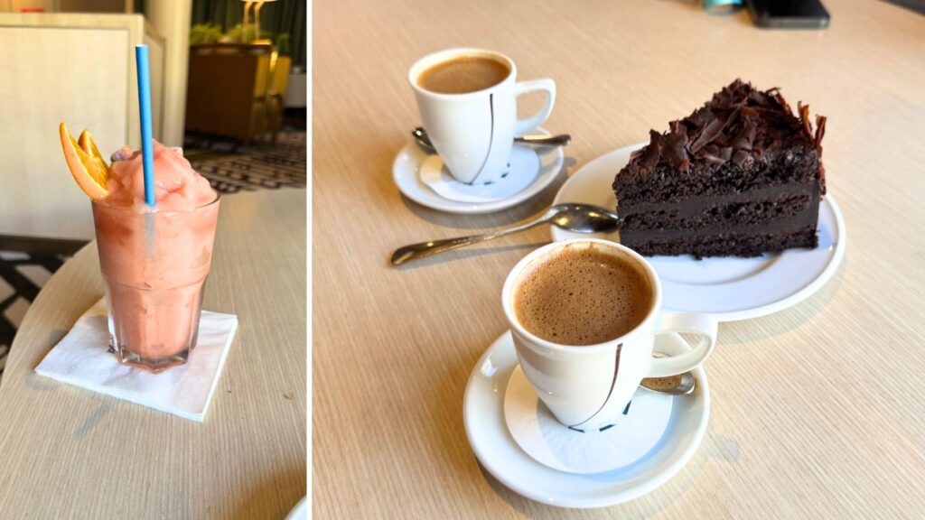 Cafe Nationのギリシャコーヒーとチョコレートケーキ、子ども向けのカラフルなドリンク