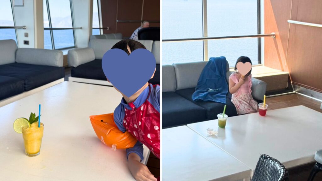ラウンジのソファ席で楽しむFig & Honeyのスムージーやバブルティーなどのドリンク
