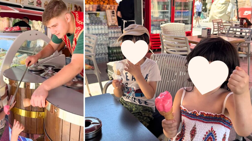 クシャダスで名物のトルコアイスを買う様子と、アイスを食べる子どもたち