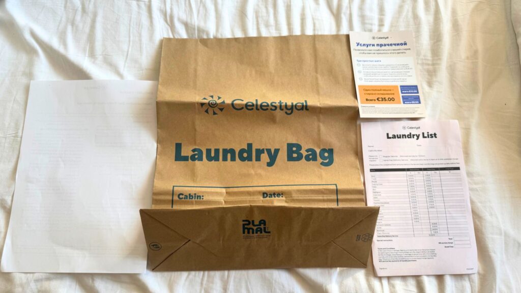 Celestyalのランドリーバッグと料金表(1袋35ユーロのキャンペーン)