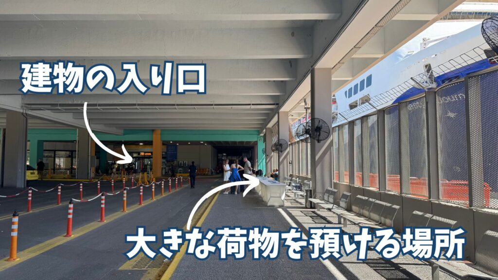 ピレウス港ターミナルの建物入口と、大きな荷物を預ける場所を示した案内