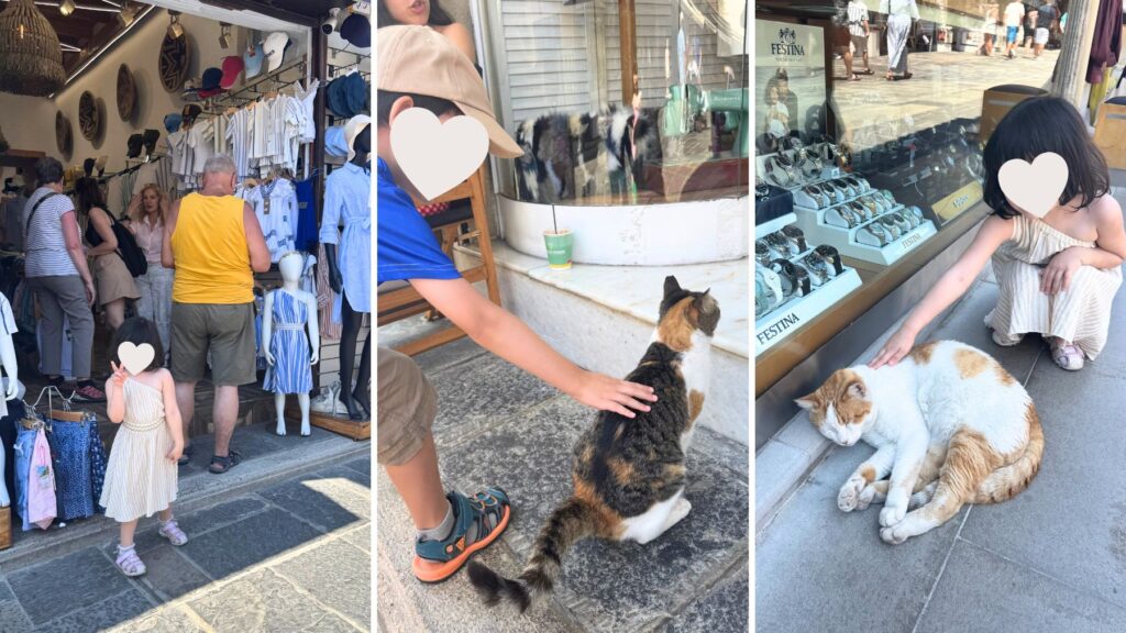 ロードス旧市街の商店で買い物する娘と、街の猫を撫でる子どもたち