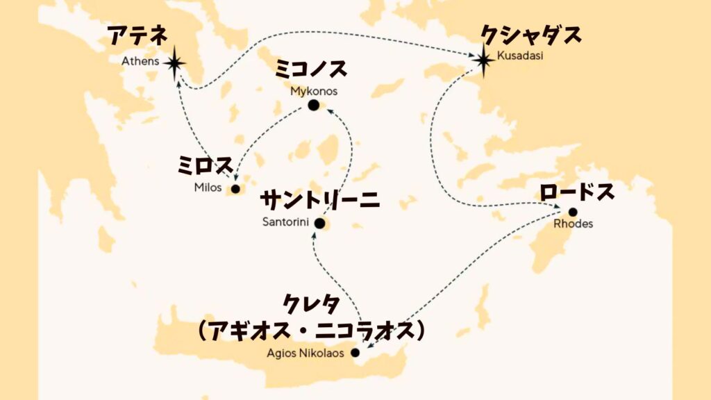 Celestyal Journeyのエーゲ海クルーズ航路図。アテネを出発し、クシャダス・ロードス・クレタ(アギオス・ニコラオス)・サントリーニ・ミコノス・ミロスをめぐり、アテネに戻る7泊8日のルート