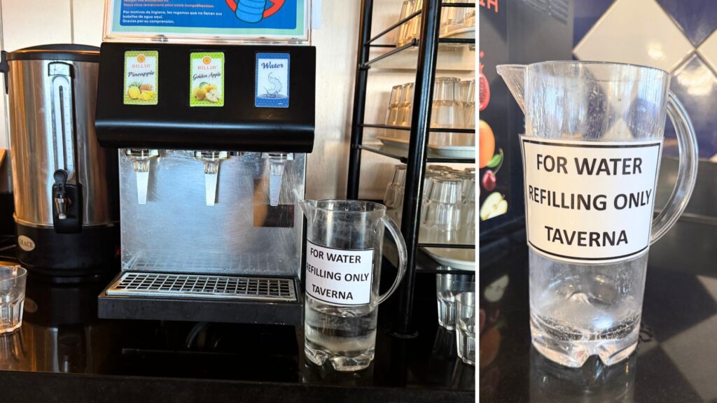 The Tavernaのドリンクディスペンサー。パイナップル・ゴールデンアップル・水と、水筒補給用のプラスチック容器