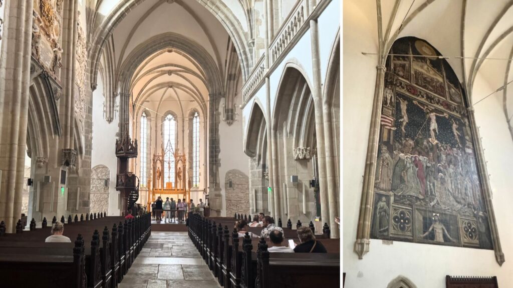 ルーテル大聖堂の身廊と祭壇、そして1445年に描かれた高さ9mの巨大フレスコ画