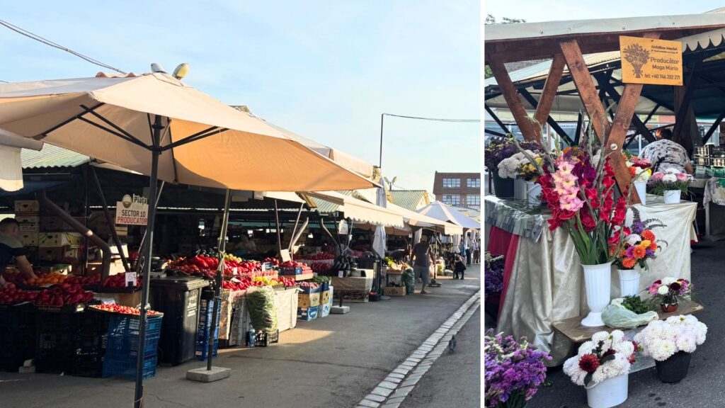 シビウ下町のチビン市場。野菜や果物の屋台と、色とりどりの花を売る店