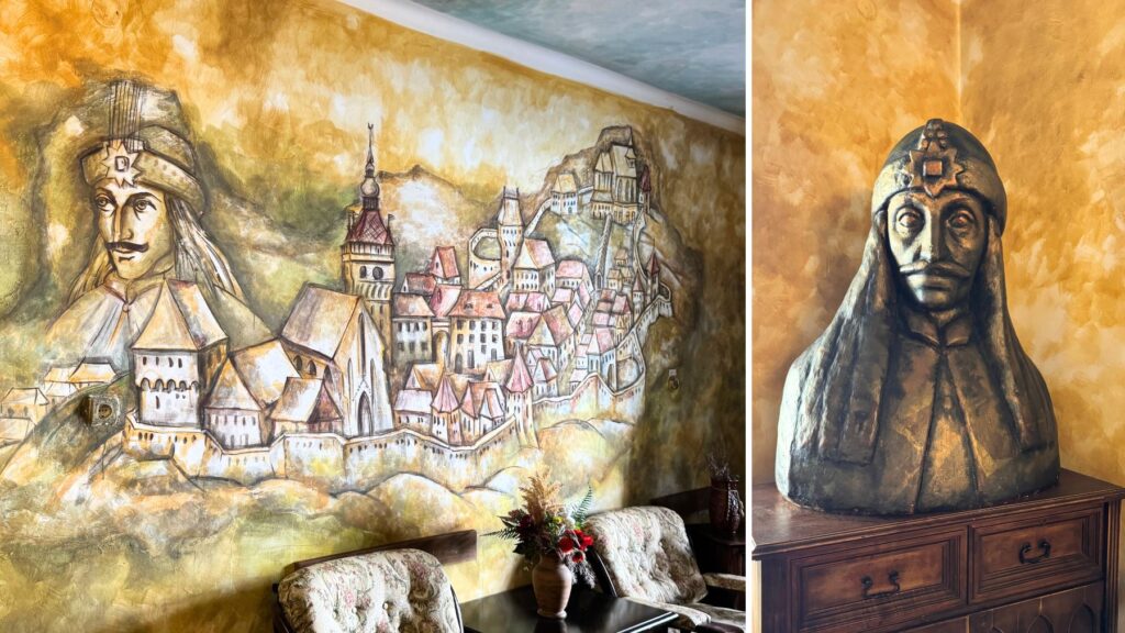 レストランの階段の壁に描かれたヴラド・ツェペシュの壁画と銅像