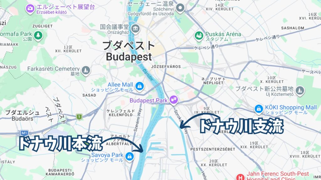 ブダペスト南部のドナウ川本流と、チェペル島東側を流れる支流を示した地図