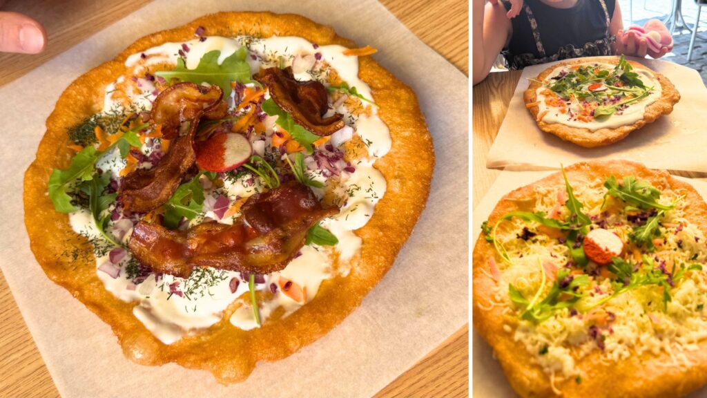 Bötye Lángos の揚げたてラーンゴシュ。サワークリームやチーズ、ベーコン、野菜を彩りよく盛りつけたハンガリー風の揚げパン