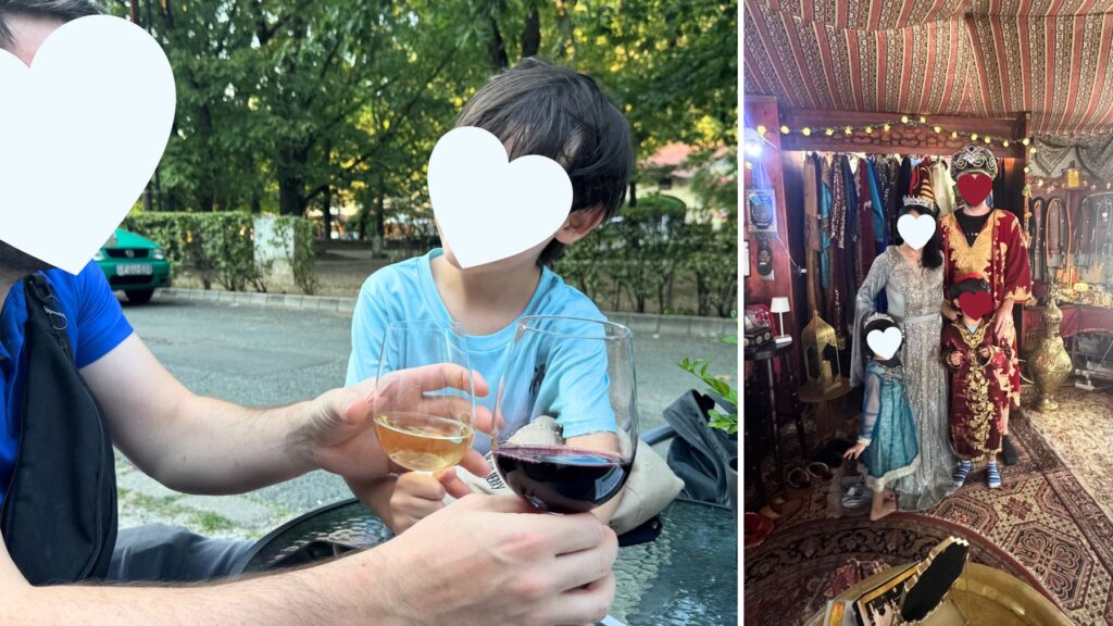 エゲルで過ごす家族の夏。テラスでワインを傾ける様子と、トルコ風の衣装を着て楽しむ家族連れ