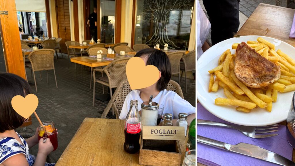 Itt és Most のテラス席と、子ども向けのプレート(ポークカツとフライドポテト)