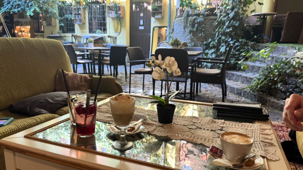 KOKA Galéria のテーブルに並ぶカプチーノやアイスドリンク、デザートと蘭の花。奥に蔦の中庭