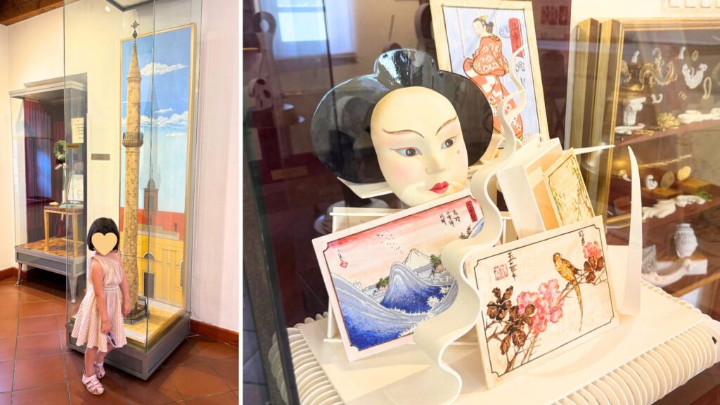 マジパンで再現されたエゲルのミナレットの模型と、浮世絵や芸妓をモチーフにした日本風のマジパン作品
