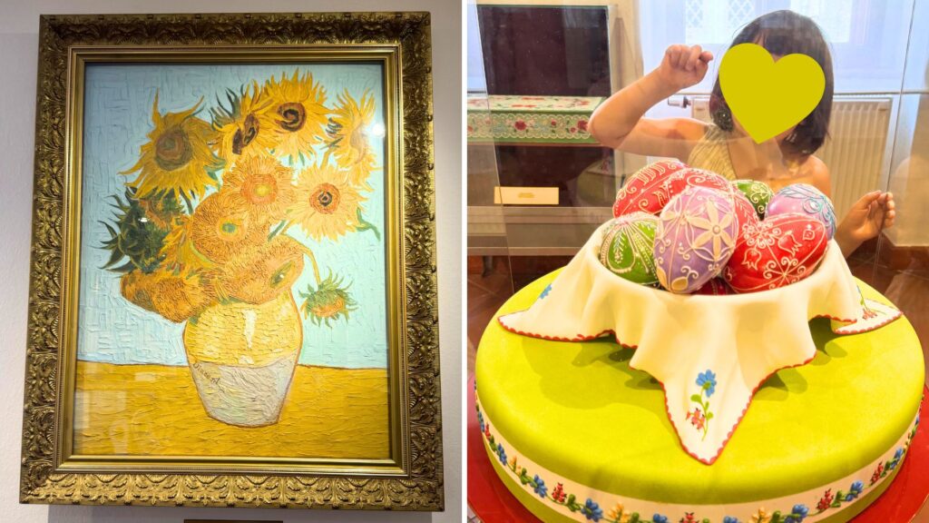 マジパンで作られたゴッホの「ひまわり」の絵と、ハンガリーのイースターエッグを飾ったケーキ