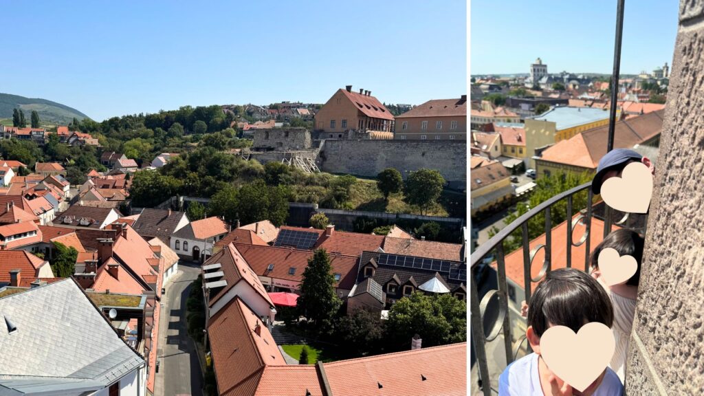 ミナレットのバルコニーから見下ろしたエゲルの町並み。赤い屋根の家々と遠くにエゲル城