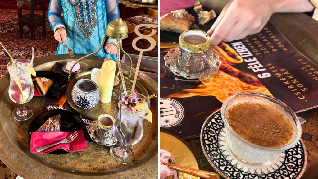 Oszmán Sátor で注文したトルココーヒーやサレップ、レモネード、2種類のバクラヴァなどが真鍮のお盆に並ぶ