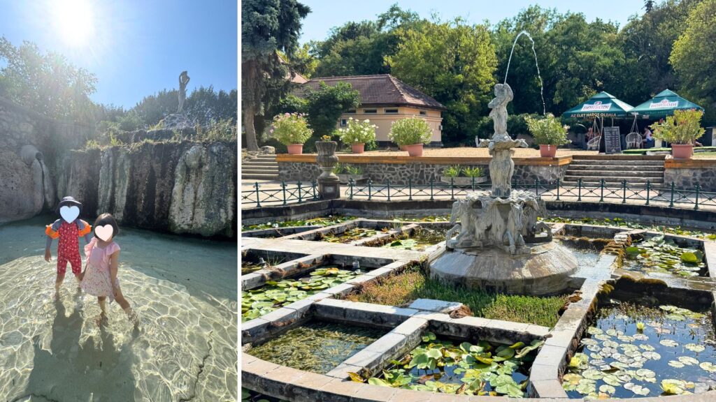 エゲルのスパの岩に囲まれた浅い温泉プールに立つ子どもたちと、睡蓮の浮かぶ庭園の噴水
