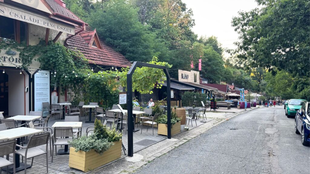 美女の谷に並ぶワインセラーとテラス席。ぶどう棚の下にテーブルが広がる