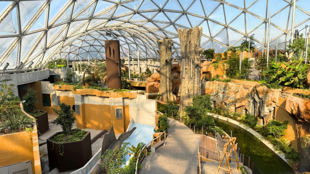 Biodómの上の通路から見渡すドーム屋根と植物、池、枝分かれした通路