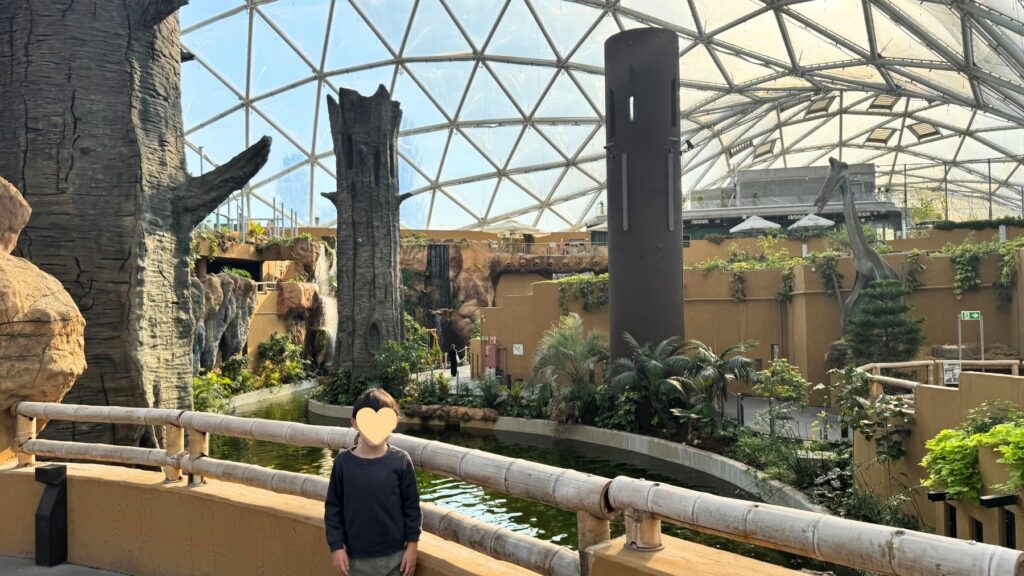 Biodómのドーム屋根の下に広がる池と植物、手すりの前に立つ子ども