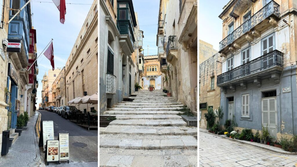ビルグの細い路地、石の階段、バルコニーのある古い家並み。