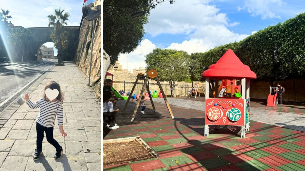 コスピクアのフェリー乗り場へ向かう途中の城門沿いの歩道と、途中で立ち寄った公園。